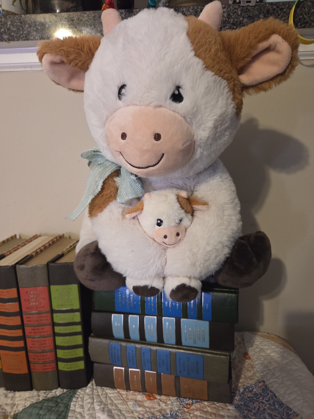 Plush Cow with Mini Calf - Soft White and Light Brown Cute plush stuffy highland